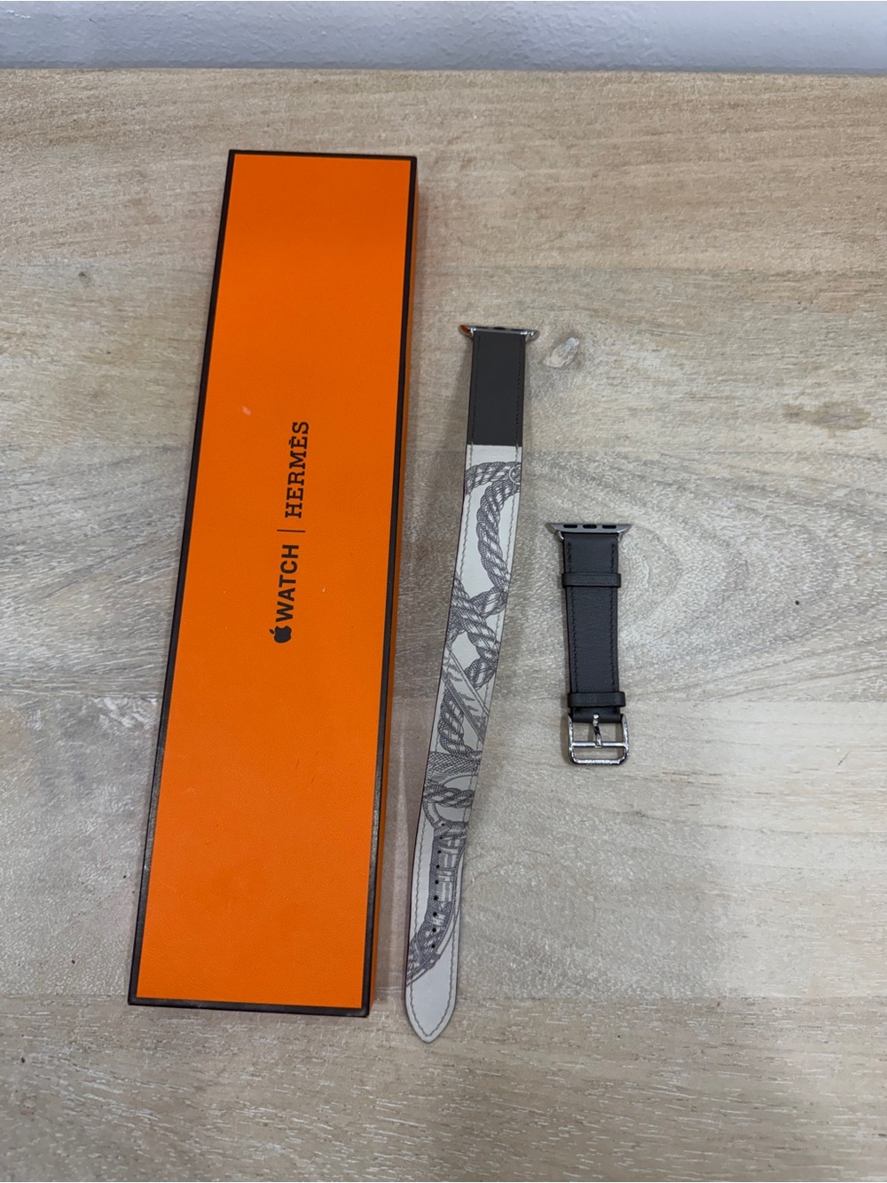 Hermes Apple Watch Band in Orange Box with Gray and White Strap